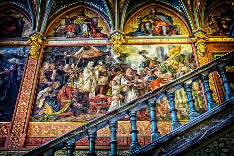 A large mural on a staircase wall.