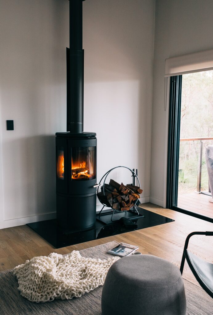 cozy fireplace in light minimalist living room image