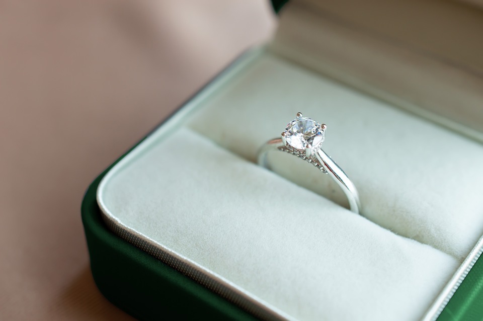 A diamond ring in a box.