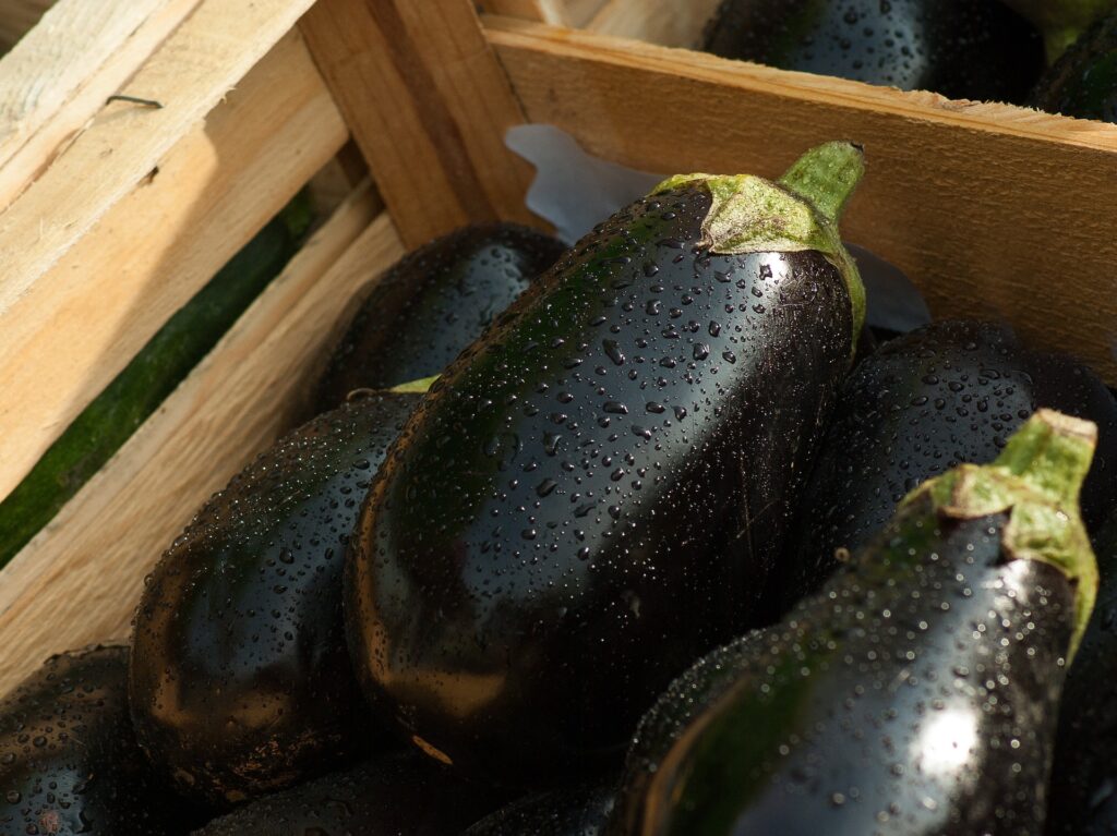 Eggplants in a wooden crate