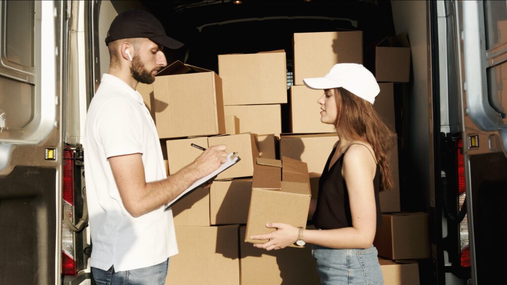 Man and woman checking the package image
