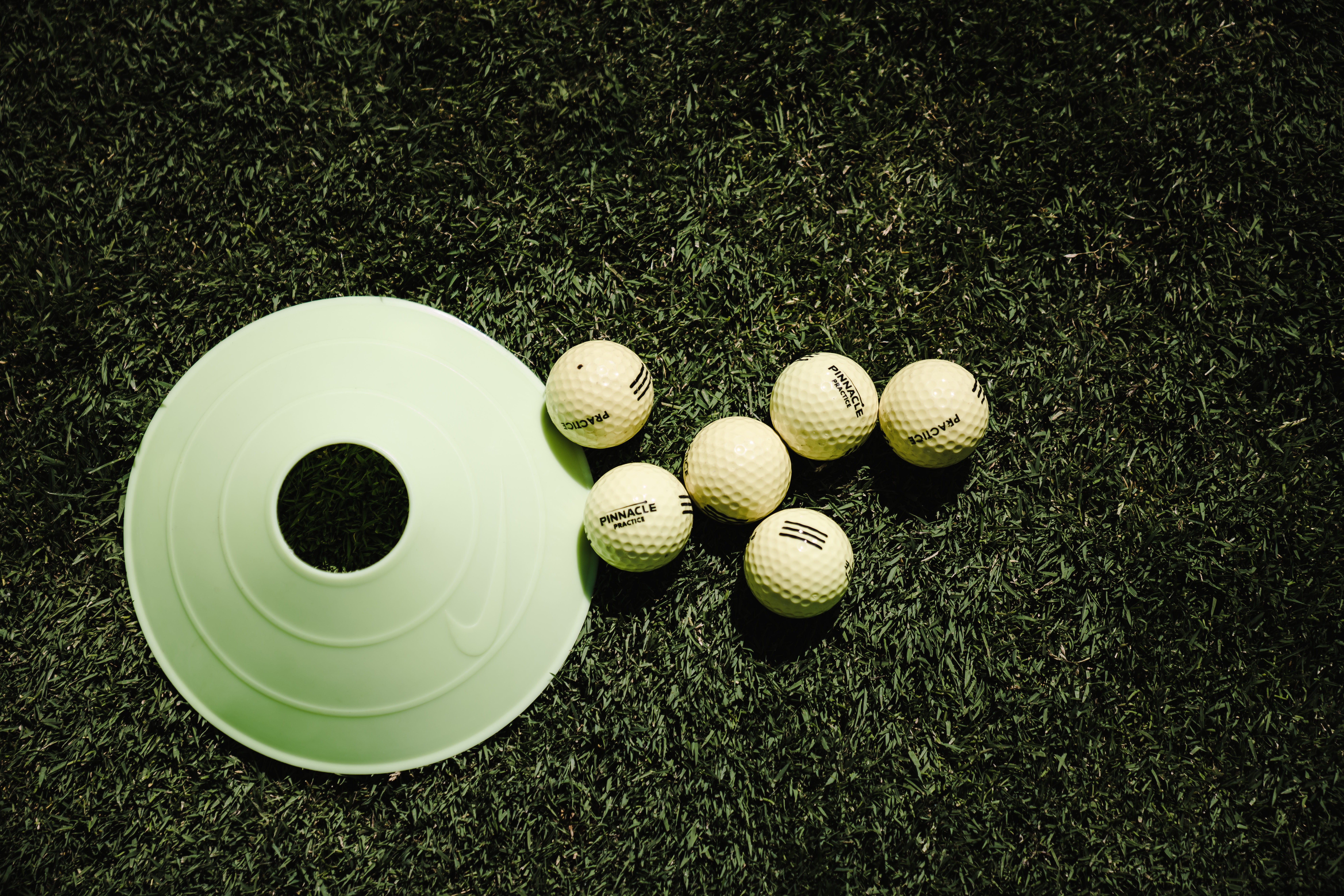 Six golf balls near a golf disc on the grass image