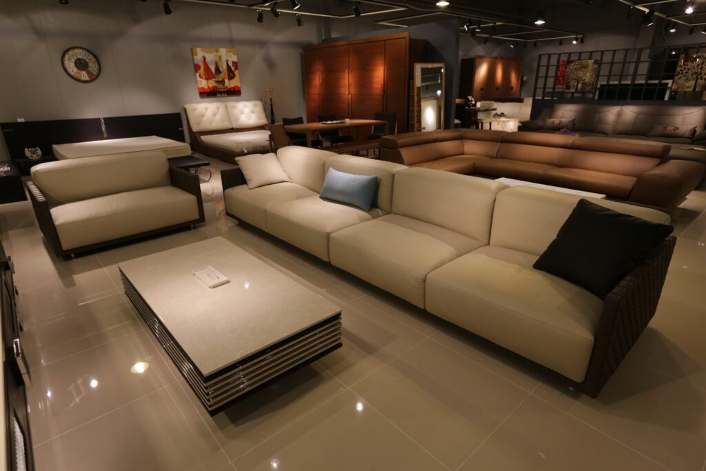 A beige sofa in a living room