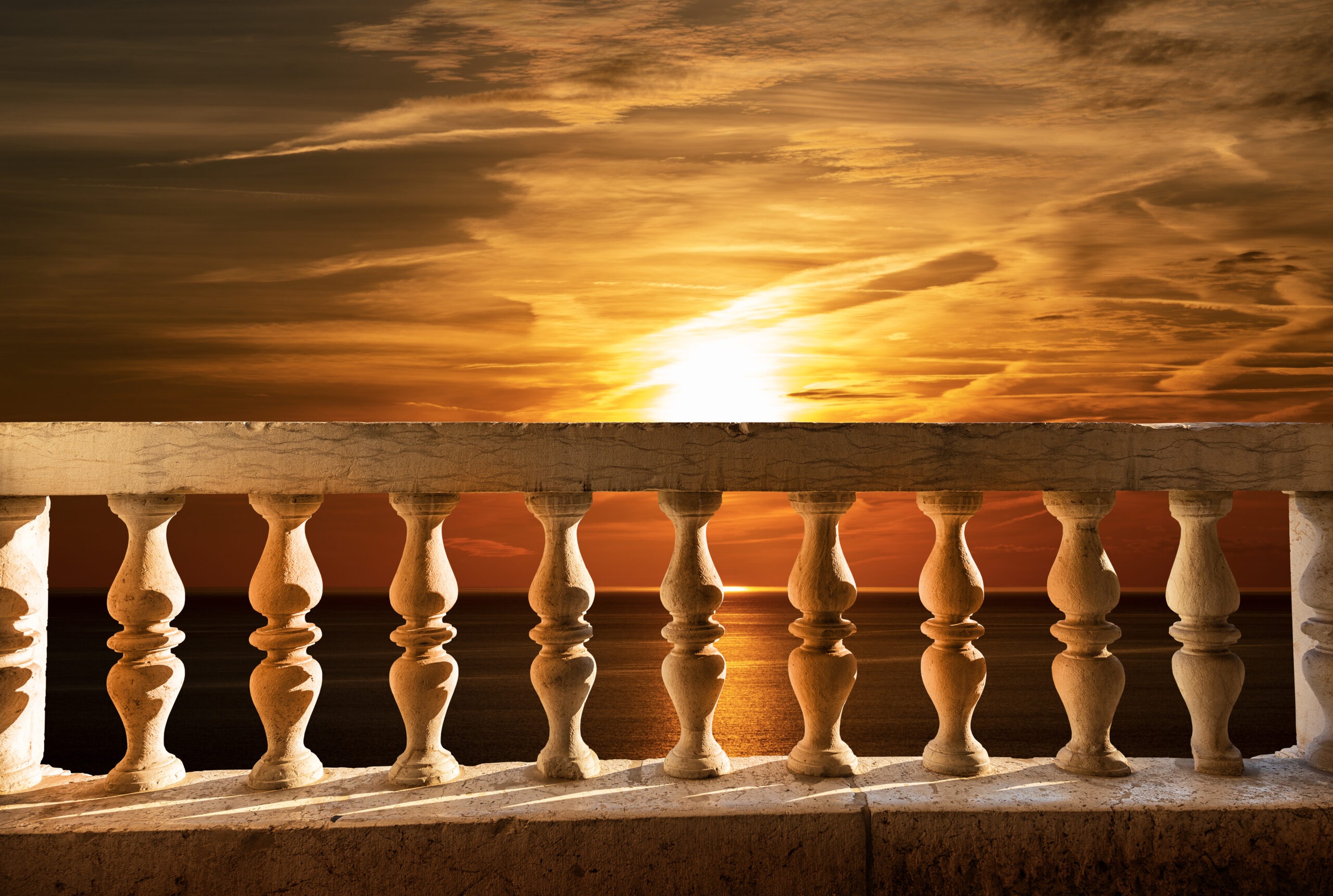 Marble Balustrade with Seascape at Sunset