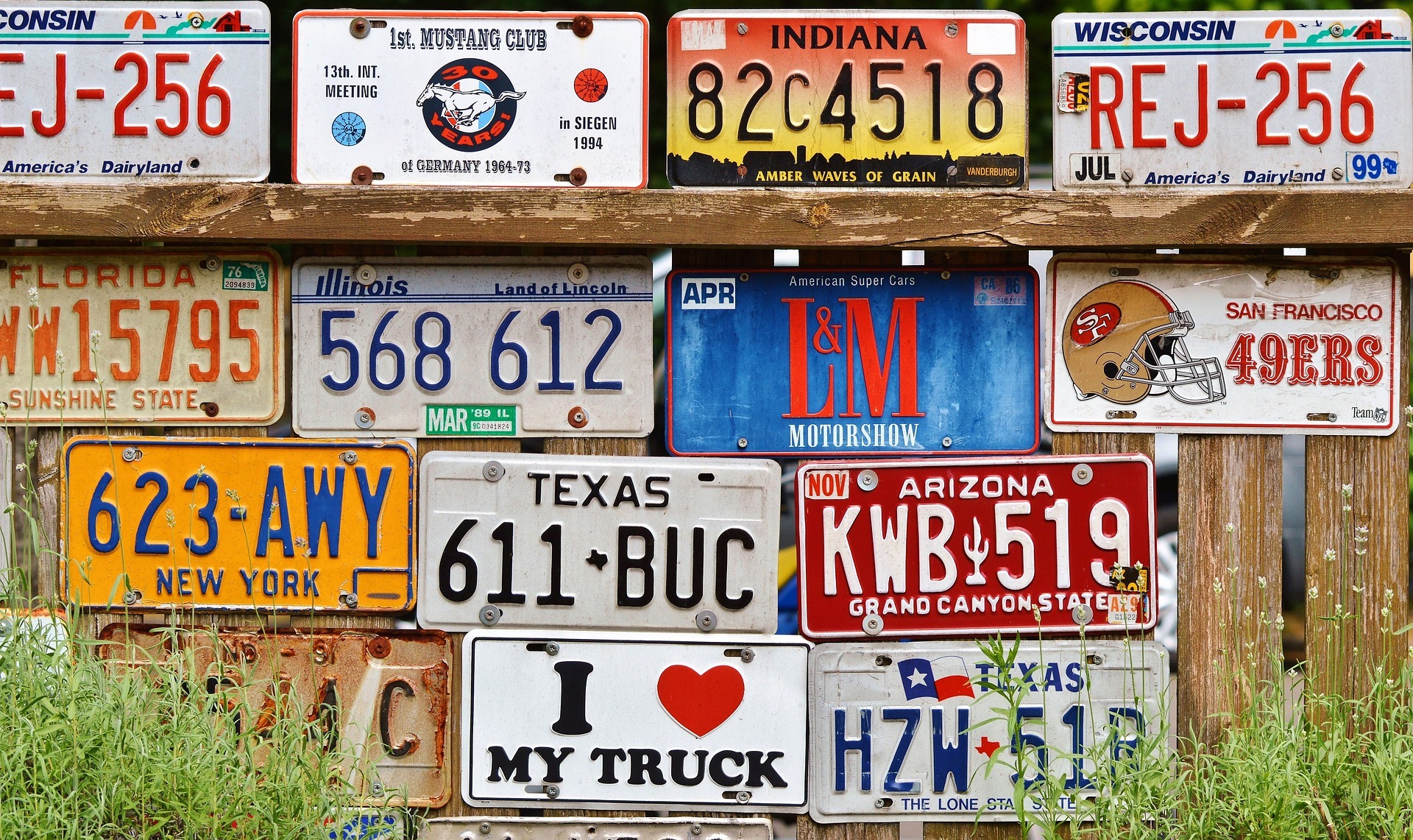 A lot of number plates are displayed