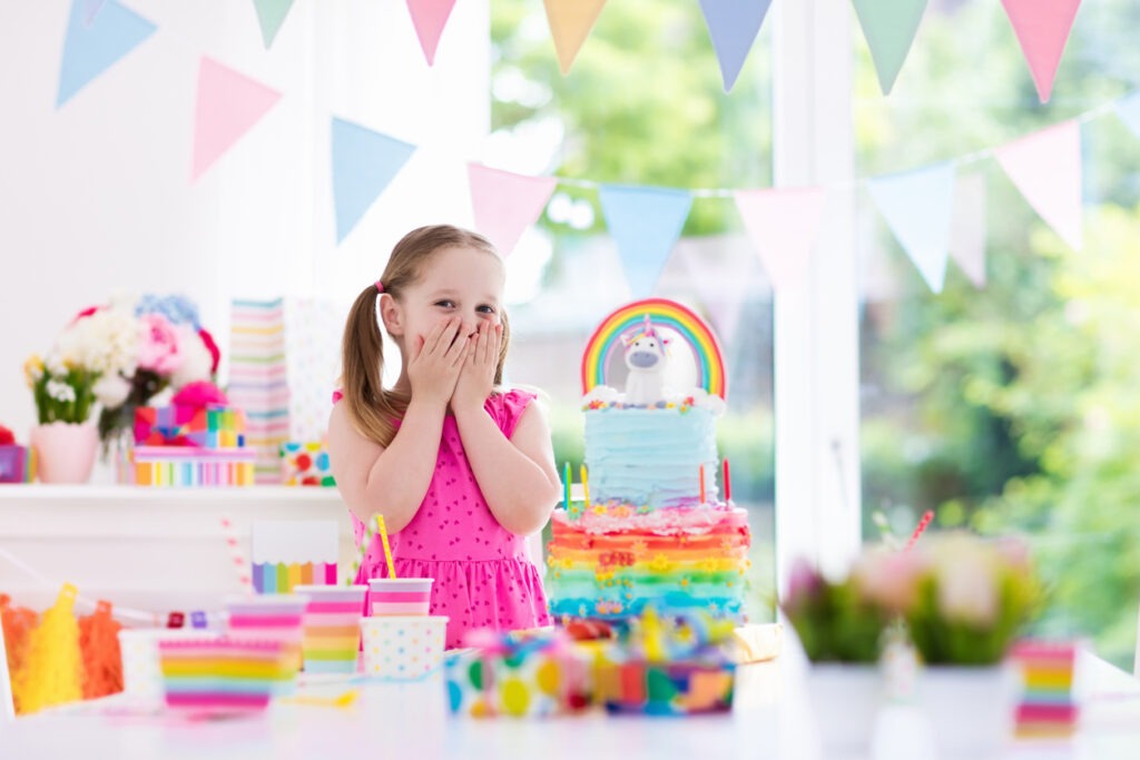 A kid’s birthday party with rainbows and unicorn theme