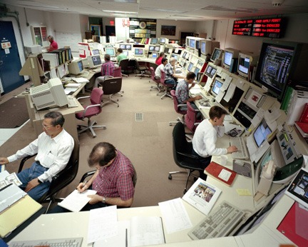 Computer desks in a Fermilab control room