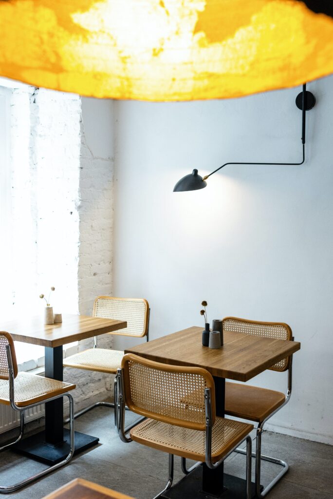 Interior of modern cafe with stylish yellow lamp image