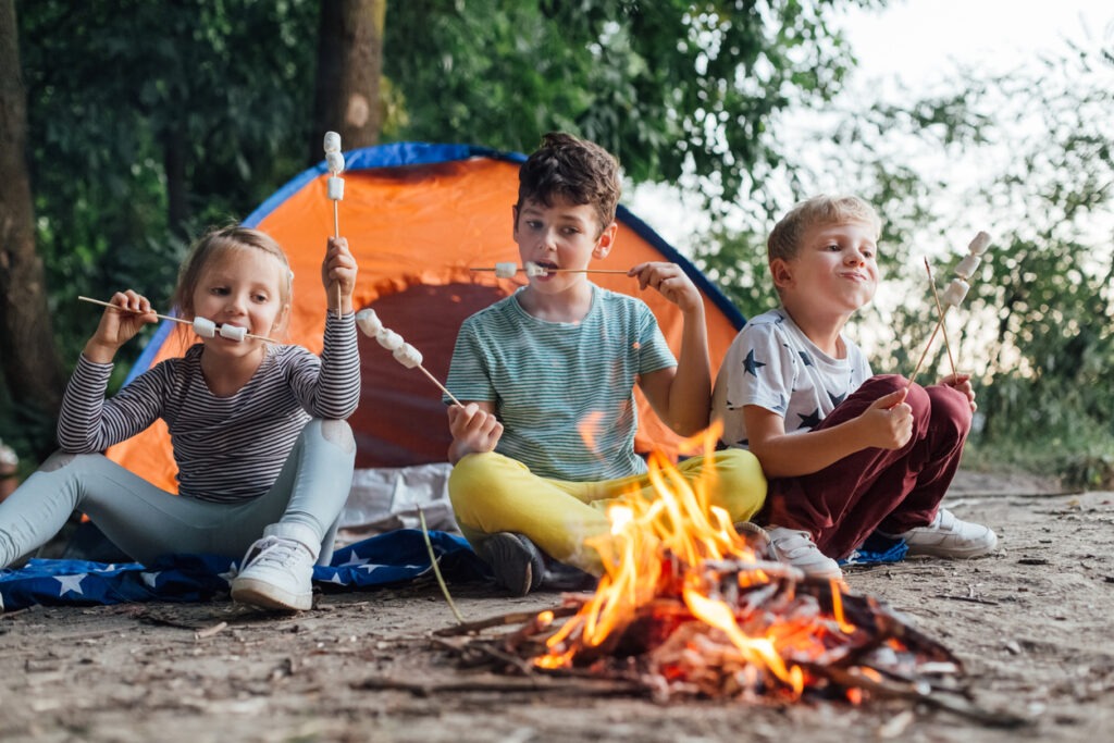 a group of children camping and eating marshmallows on sticks