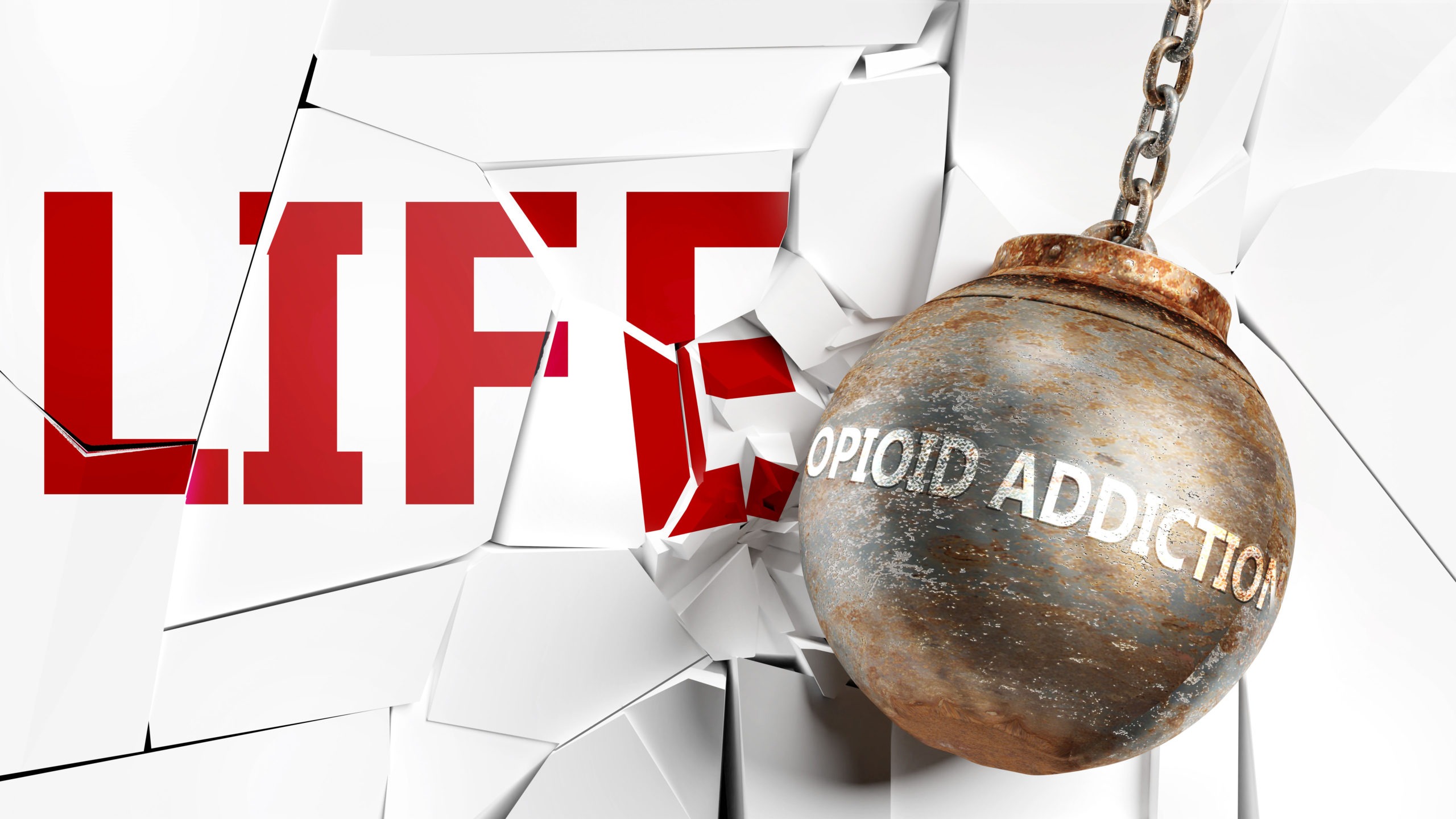 Opioid addiction and life - pictured as a word Opioid addiction and a wreck ball to symbolize that Opioid addiction can have bad effect and can destroy life, 3d illustration