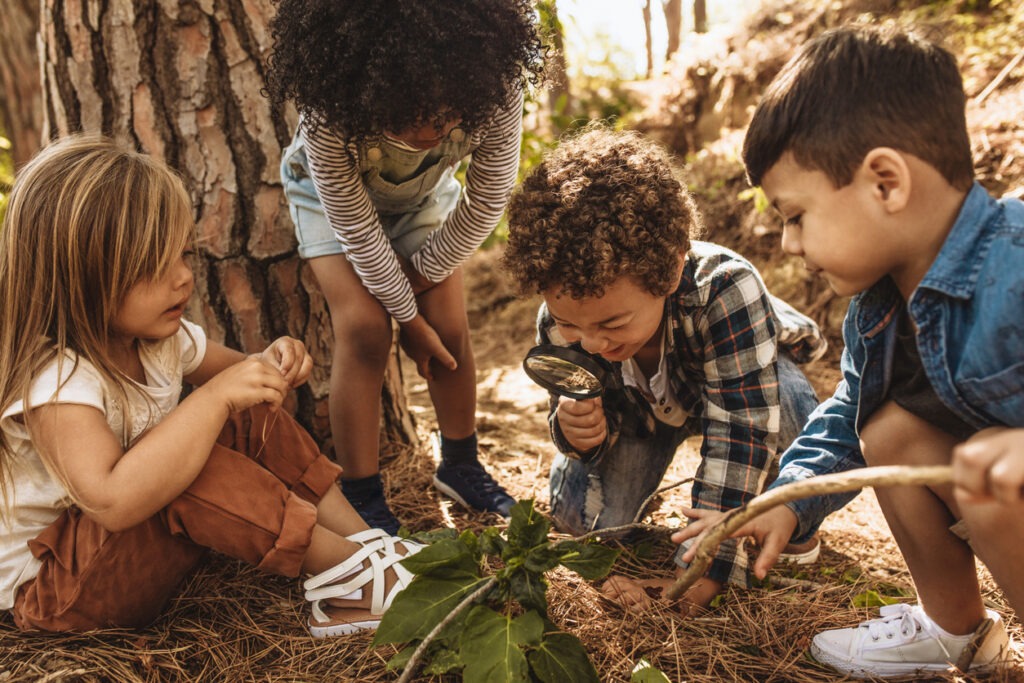 An Image of Kids in forest with a magnifying glass