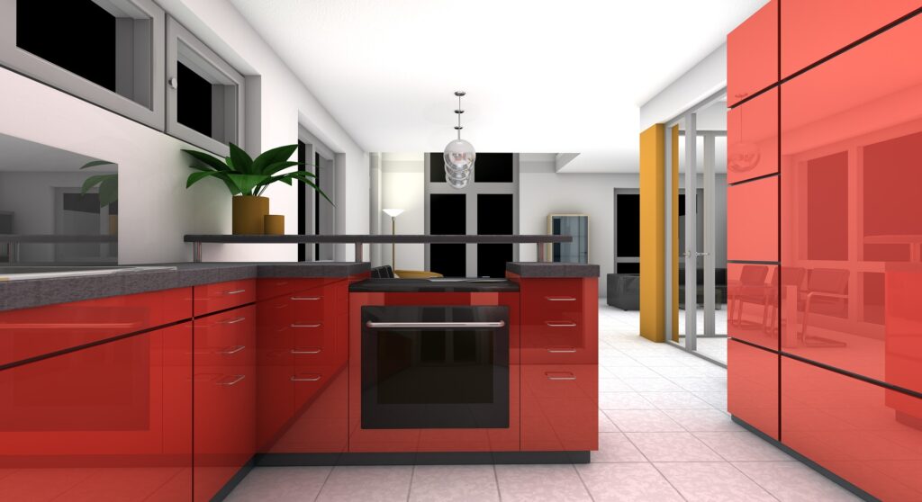 an image of a trendy kitchen with red interior