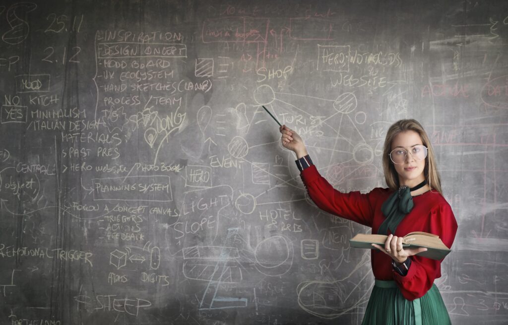 Image of a woman standing infront of a blackboard pointing at it 