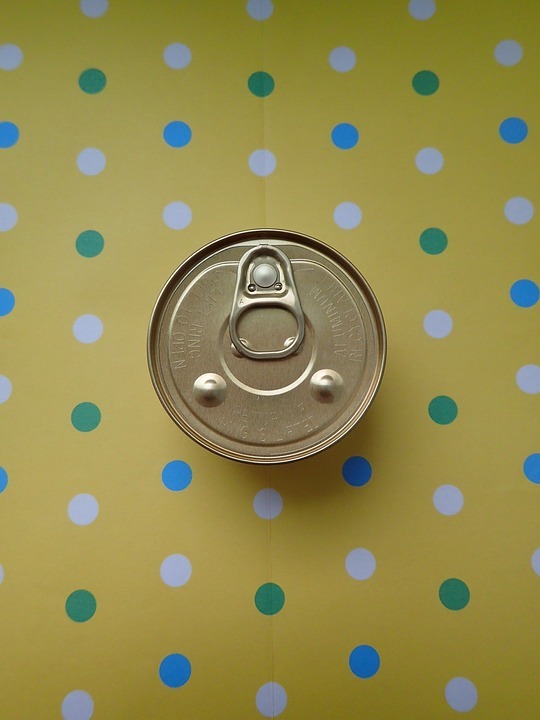 A can of cat food on a polka dot background image