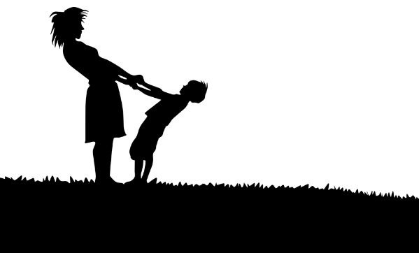 a silhouette of mother and son, grass