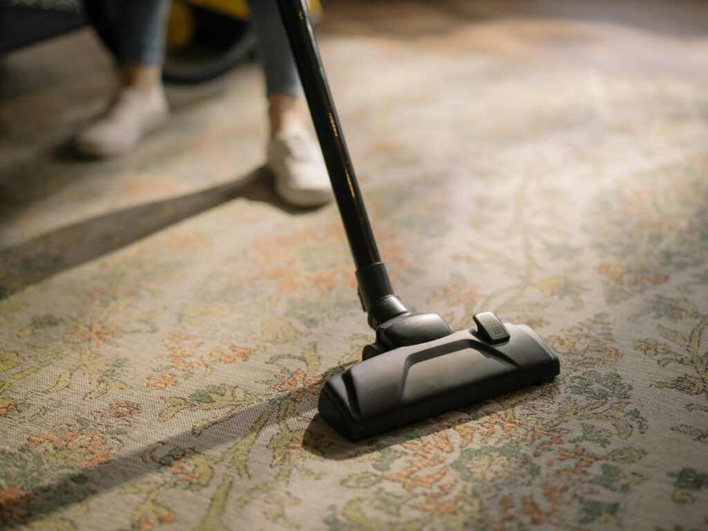 A person vacuuming a carpet image