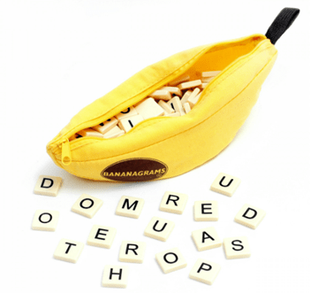 A Bananagrams pouch with letter tiles