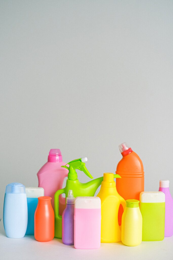 bottles of chemical products for cleaning image