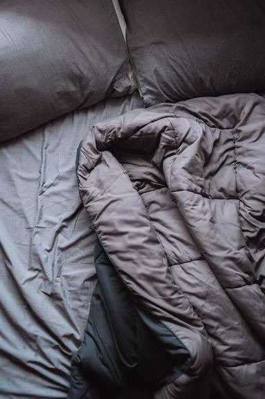 A gray weighted blanket in a bed