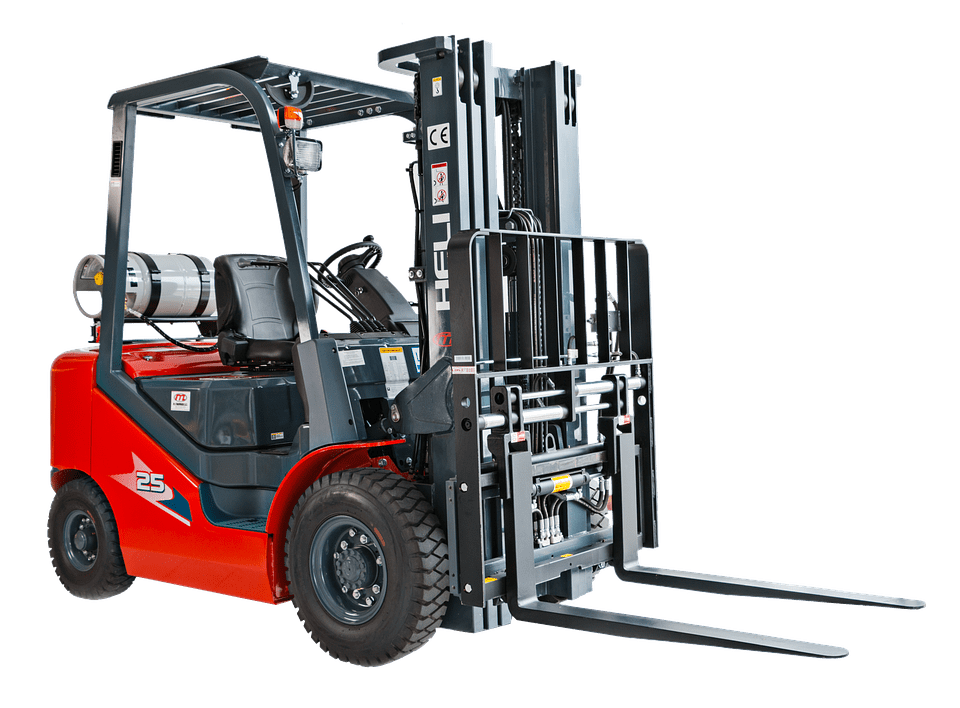 A red forklift with a flatbed attachment image