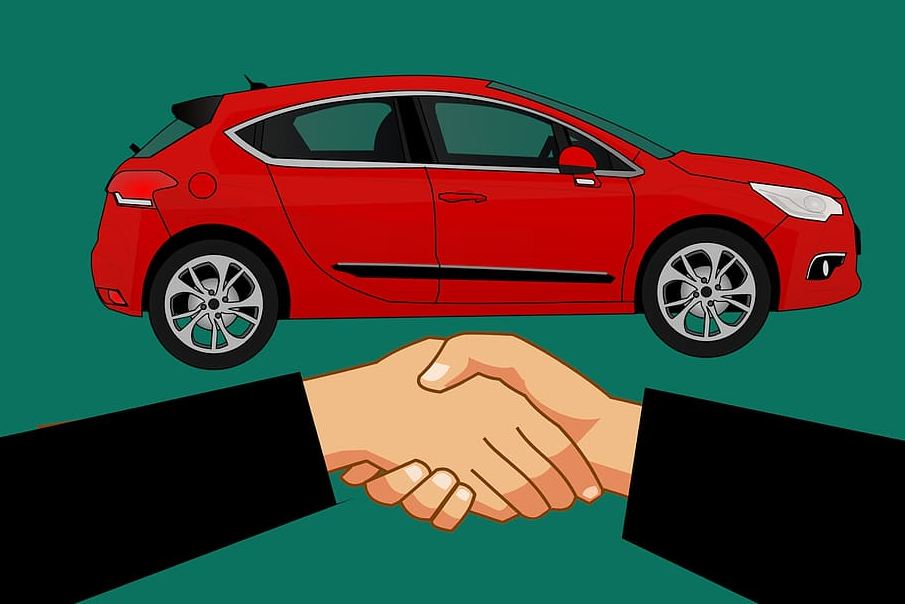 An illustration showing a car and two people shaking hands