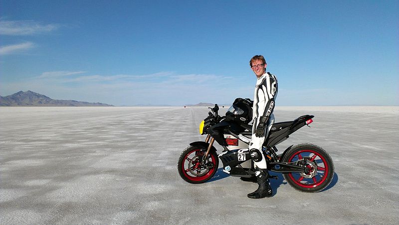 Brandon Nozaki Miller on the first production electric motorcycle to break 161km/h (100mph), a 2012 Zero S ZF6 at Bonneville Salt Flats (2012)