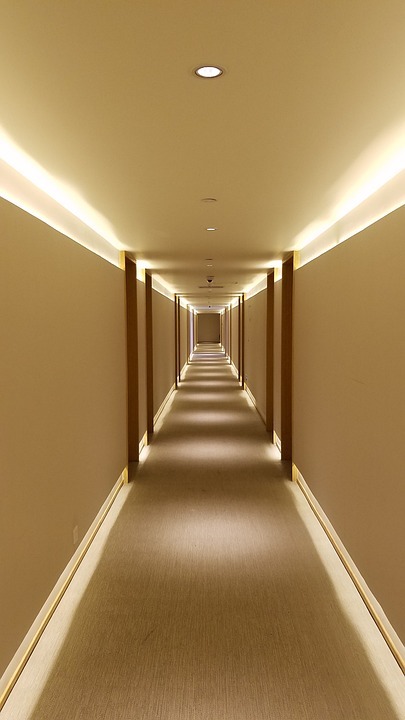 A carpeted hotel corridor image
