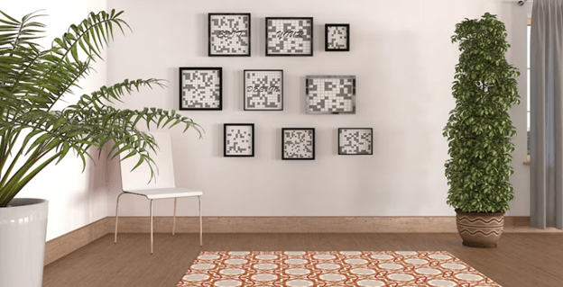 Decorated walls with paintings and planters