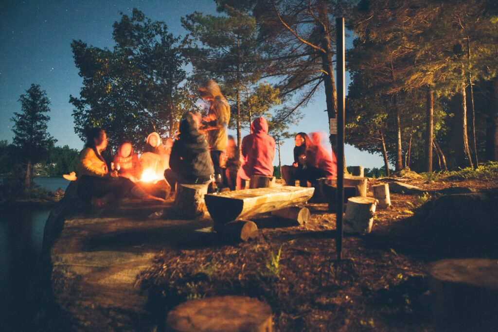  campers gathered around a bonfire under a night sky full of stars image
