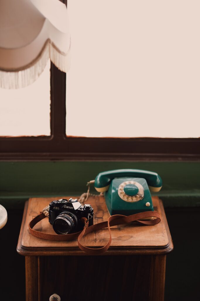 A camera on a table with a telephone image