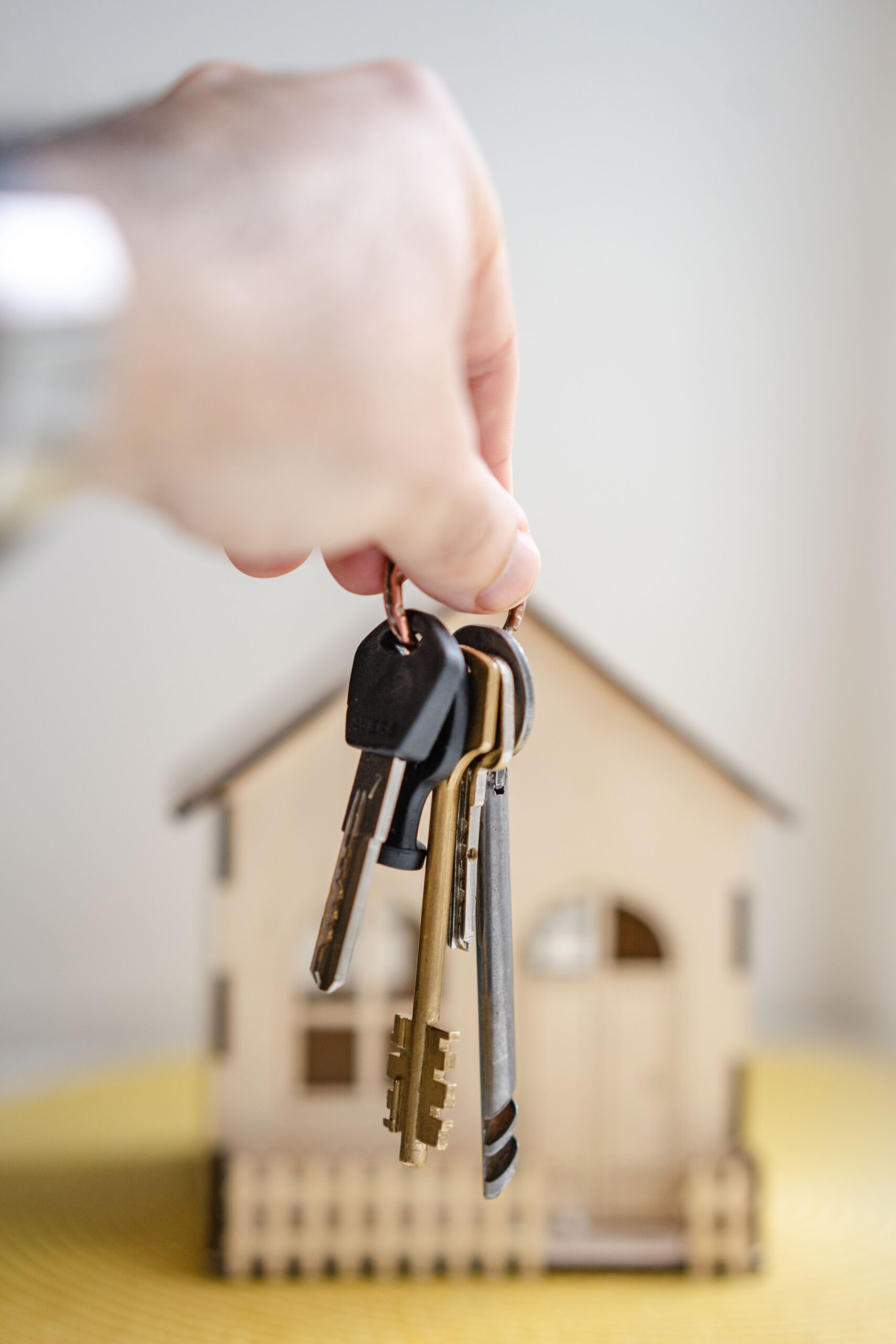A person holding a key in front of a wooden house image