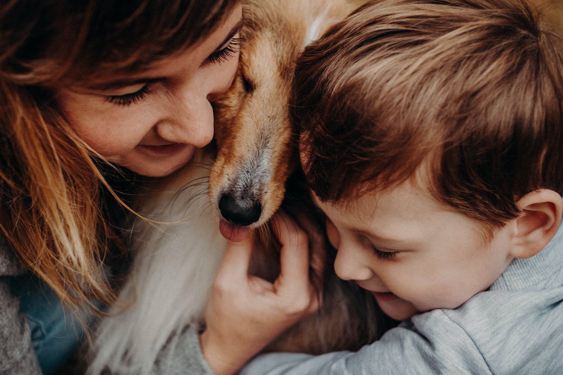 smiling mother with son embracing collie
