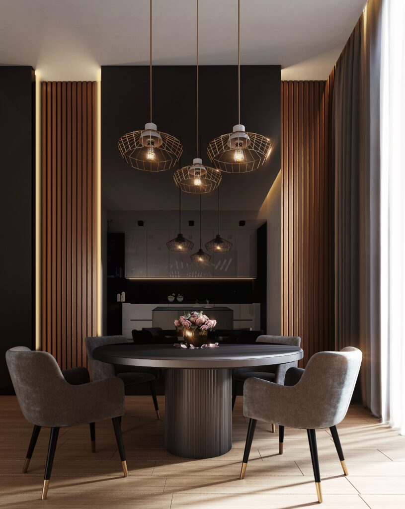 Gray Dining Table Under Pendant Lamps image