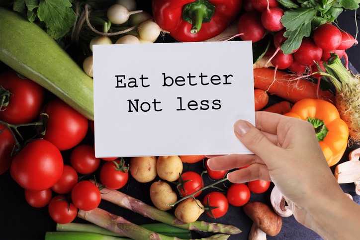 Motivation Inspirational quote Eat better Not less. Dieting, Healthy eating background.