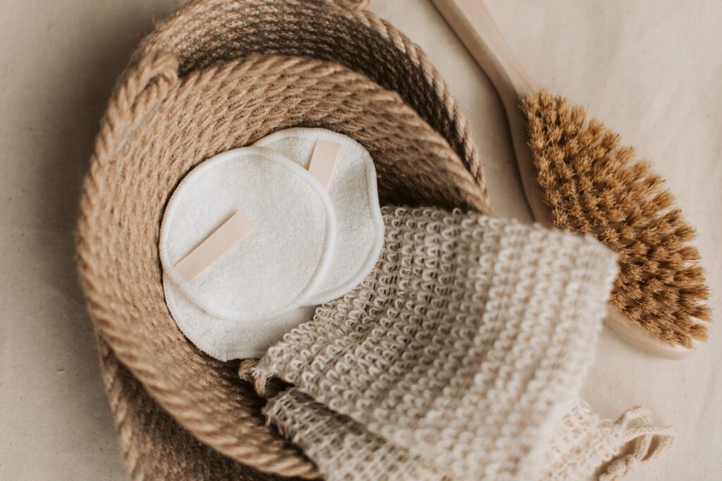Washcloth and Cotton Pads in Braided Jute Basket