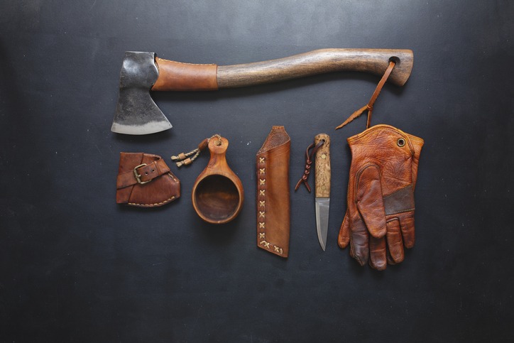 bushcraft ax and leather camping equipment