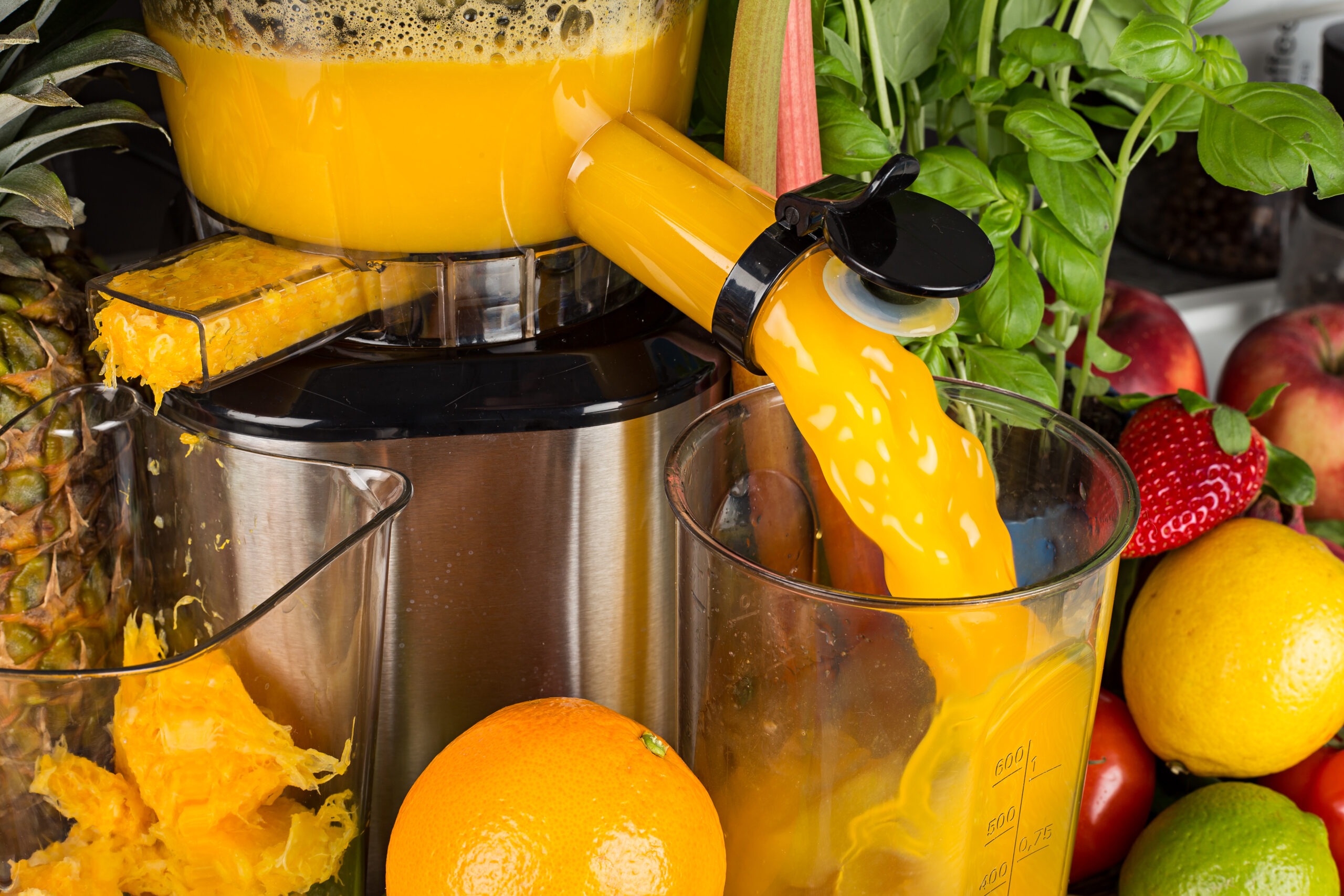 juicing fresh fruits in a juicer image