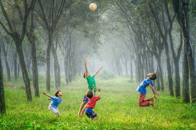 Kids playing with ball in the woods