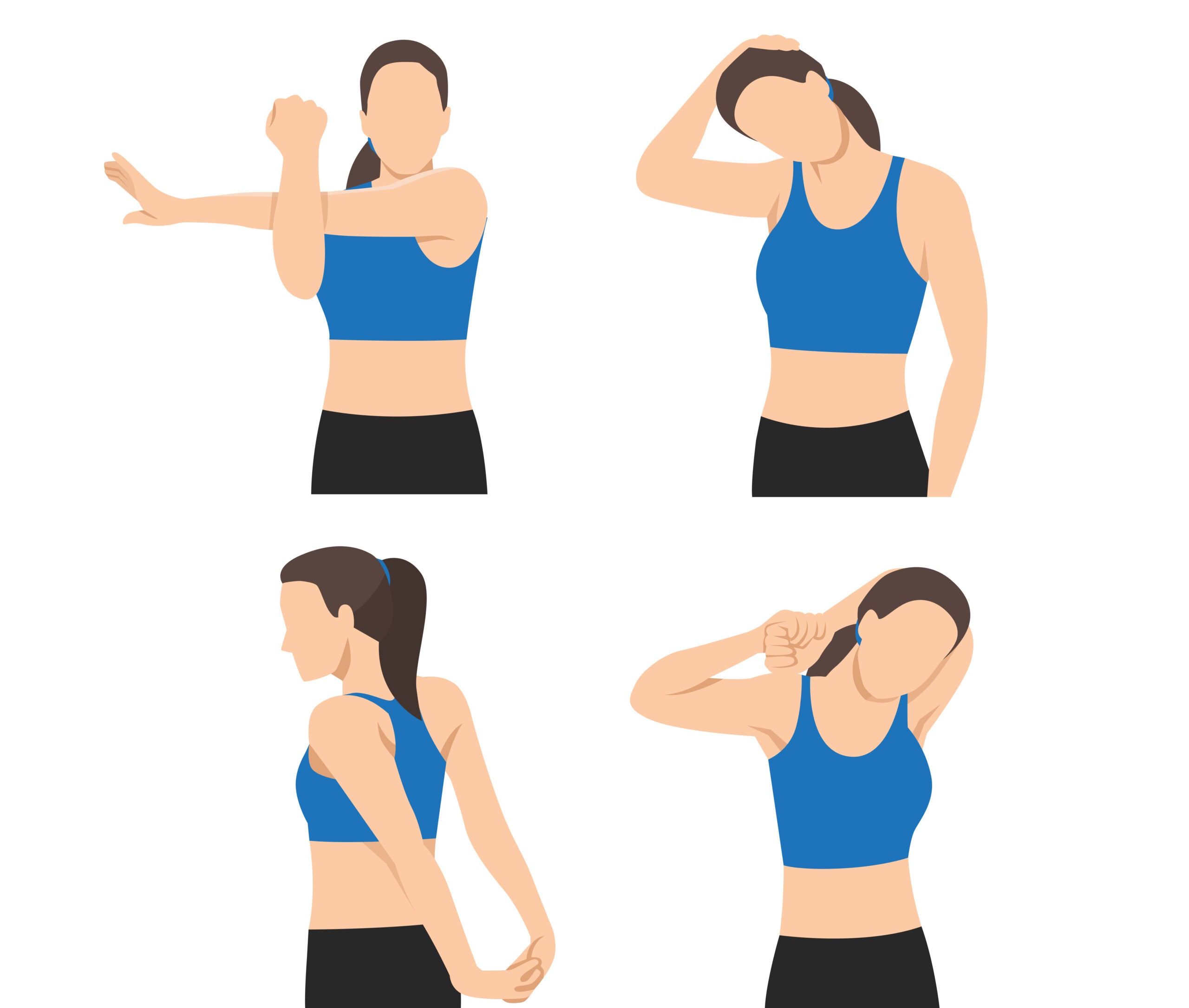 Woman stretching her neck, arms and shoulders. hand. Flat vector illustration isolated on white background