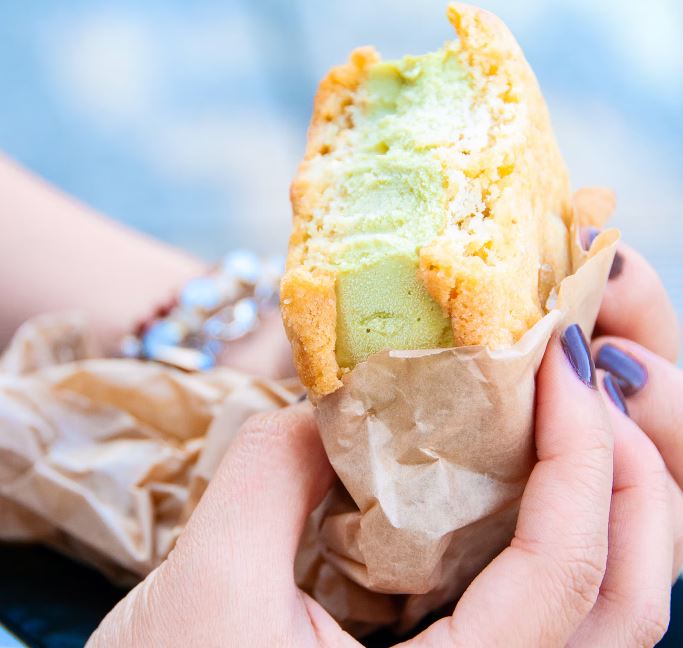 Pistachio flavored ice cream sandwich